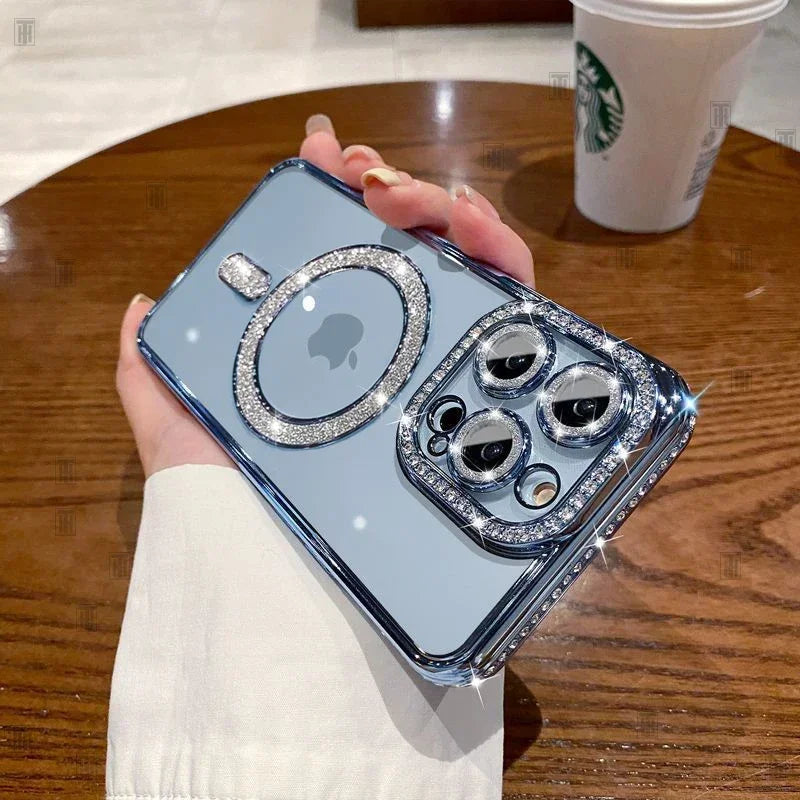 High-grade Glitter Rhinestones Phone Case For iPhone 16 15 11 12 13 14 Pro Max 16 Plus Magsafe Magnetic Clear Lens Protect Cover