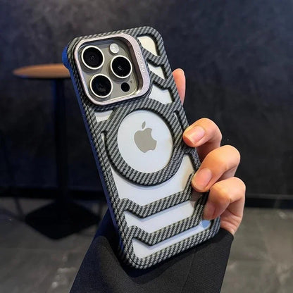 Frameless Fiber Pattern Logo Hole Hollow Magnetic Case for iPhone 12 13 14 15 16 Pro Max Magsafe Lens Stand Flip Bracket Cover