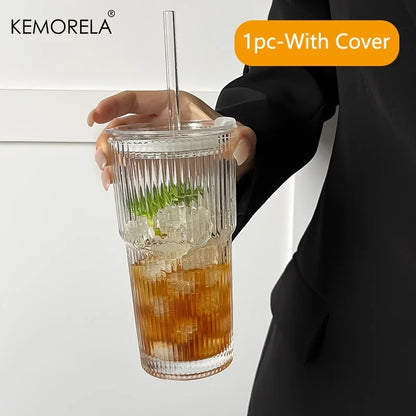 600ML Stripe Glass Coffee Cup With Lid and Without Cover Straw Transparent Drinking Glasses for Juice Iced Coffee Mugs Drinkware