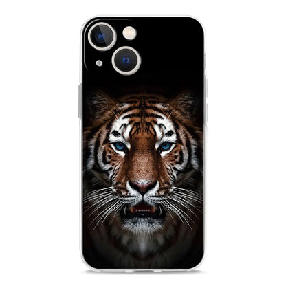 Luxury Transparent Phone Case For iPhone 15 14 13 12 11 Pro Max XS X XR 7 8 Plus Clear Cover Black Cheetah Tiger Lion Animals