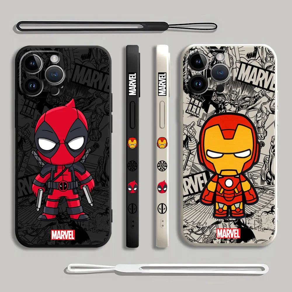 Cartoon Marvel Ironman Deadpool Case for iPhone 12 11 15 Plus X 7 8 13 Mini XR 14 Pro Max SE XS Soft Luxury Cover