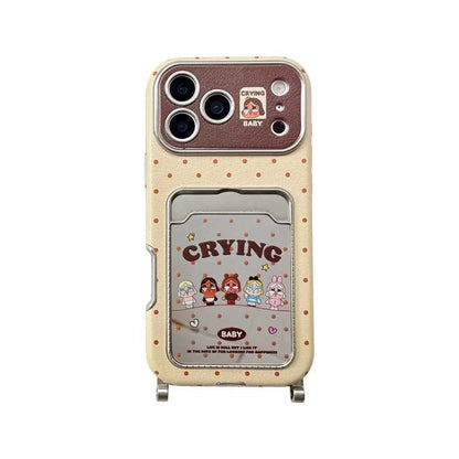Kawaii Cartoon Cry Girls Card Holder Phone Case For iPhone 16 Pro 14 15 17 Pro Max Cover with Hand Rope Cute Protective Cases