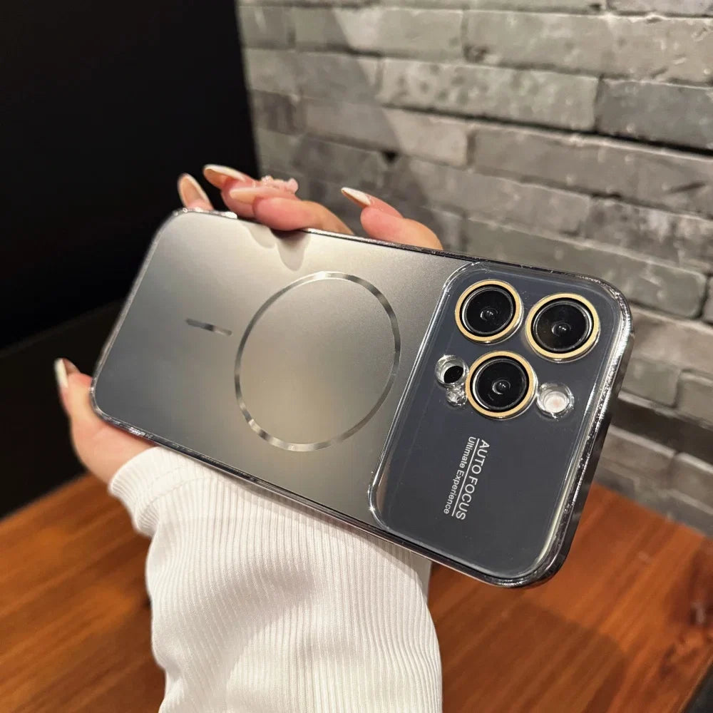 Luxury Large Glass Window for Magsafe Case For iPhone 16 15 14 Pro Max 16Promax 16Pro Plating Magnectic Wireless Charging Cover