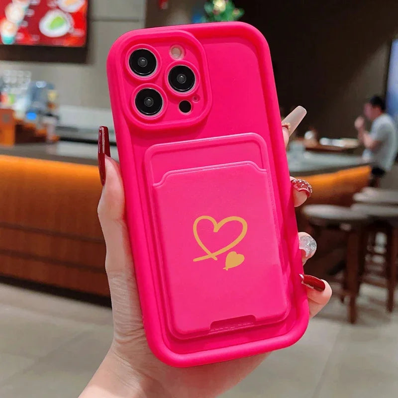 Luxuly Love Heart Insert Card Bag Silicone Soft Phone Case For iPhone 16 15 14 13 12 11 Pro Max XR XS X 7 8 Plus SE 2020 Cover