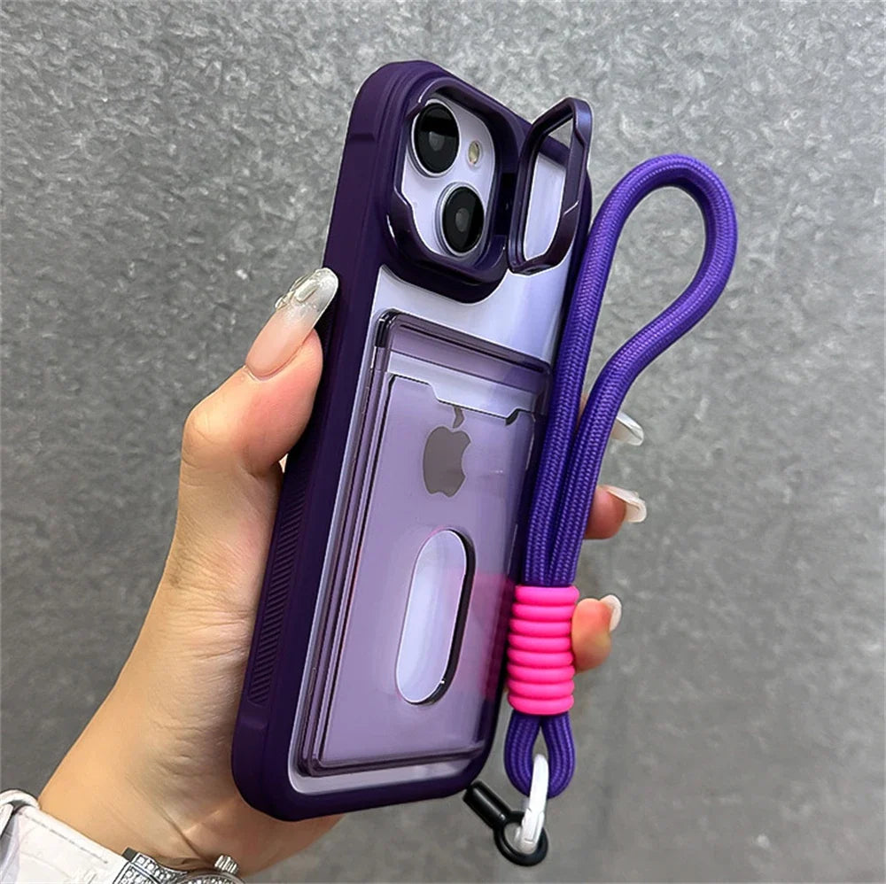 Acrylic Card Holder Fold Camera Bracket Clear Case for iPhone 16 15 14 13 12 11 Pro Max Plus Wrist Hand Strap Shockproof Cover