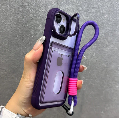 Acrylic Card Holder Fold Camera Bracket Clear Case for iPhone 16 15 14 13 12 11 Pro Max Plus Wrist Hand Strap Shockproof Cover