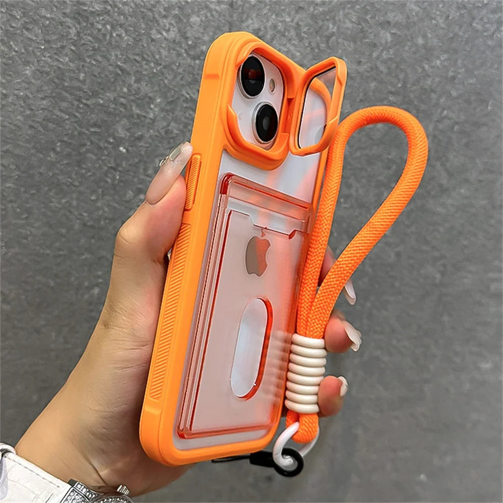 Acrylic Card Holder Fold Camera Bracket Clear Case for iPhone 16 15 14 13 12 11 Pro Max Plus Wrist Hand Strap Shockproof Cover