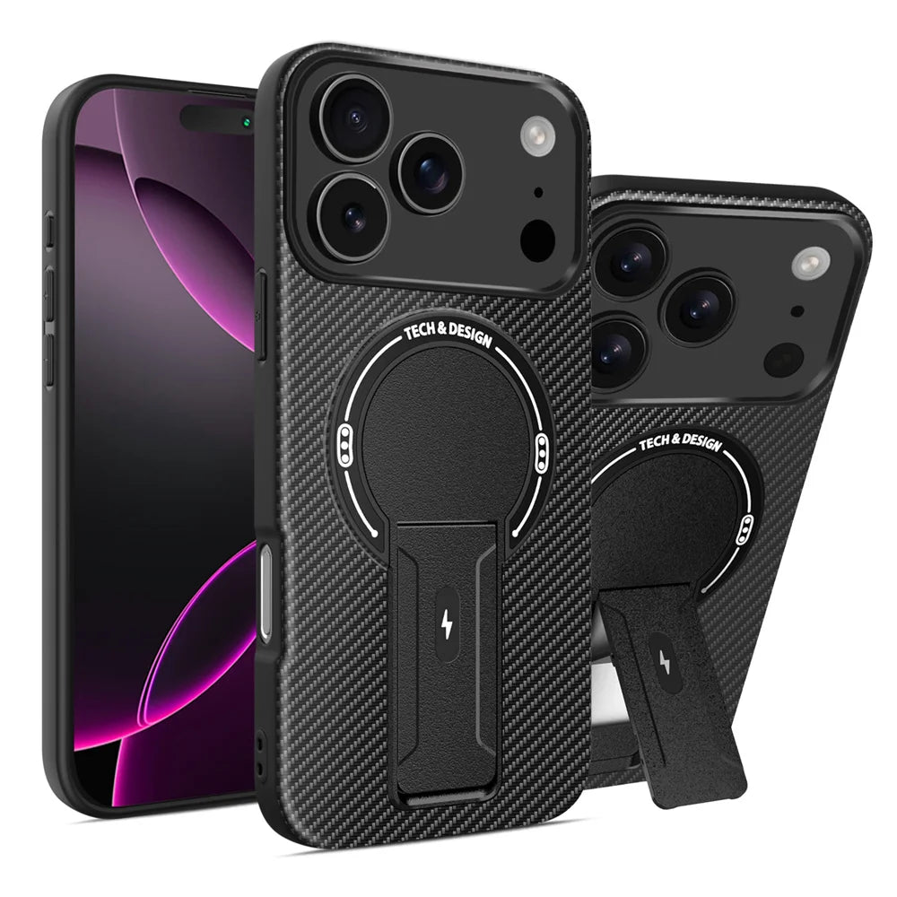 Bracket Carbon Fiber Texture Phone case For iPhone 17 17 Air 17 Pro 17 ProMax Wireless Charge Protect Cover Magnetic Phone Case