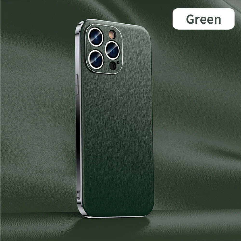 Genuine Cowhide Leather Phone Case for iPhone 16 15 11 12 13 14 Pro Max Luxury Plating Shockproof Lens Protection Back Cover