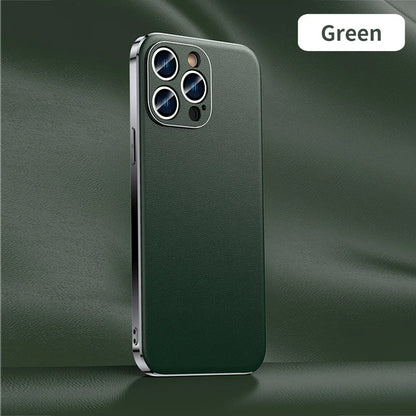 Genuine Cowhide Leather Phone Case for iPhone 16 15 11 12 13 14 Pro Max Luxury Plating Shockproof Lens Protection Back Cover