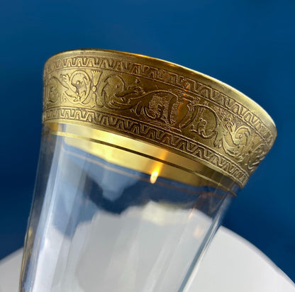 Antique Tiffin Franciscan Wine Goblets with Embossed Gold Rims. Set of 5 Faceted Mid Century Stemware. 24K Gold. Dining Room Decor. Gift for Him Her
