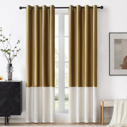 BULBUL Color Block Window Curtains Panels 84 inches Long Gold Ivory Velvet Farmhouse Drapes for Bedroom Living Room Darkening Treatment with Grommet Set of 2