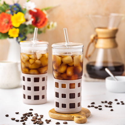 All Glass Juice Tumblers with Lid, Straw & Silicone Sleeve - 2 Pack Set, 20 oz