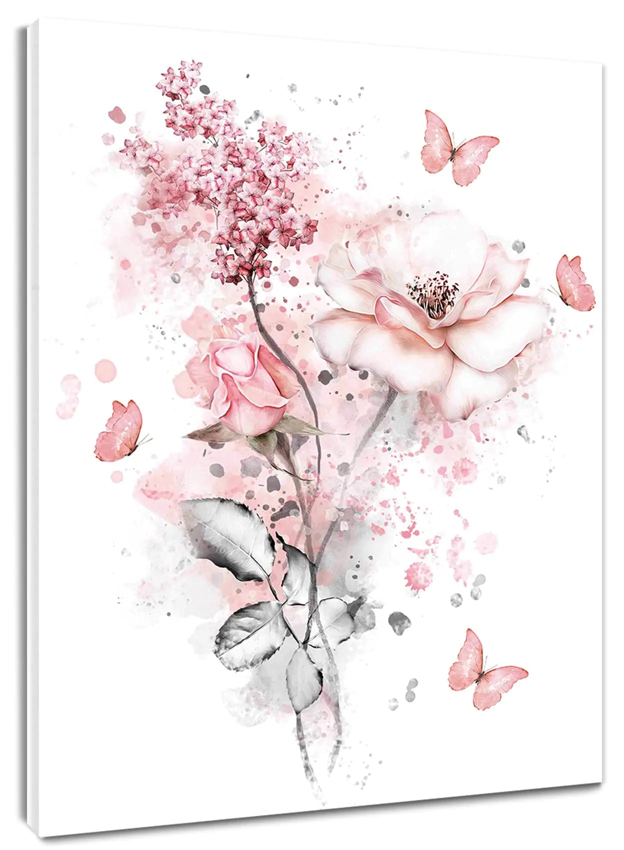 LB Pink Flower Wall Art Pink Butterfly Grey Leaf Canvas Wall Art for Bedroom Fantasy Floral Painting Wood Framed Prints Wall Decor for Living Room Bathroom16x20 inches