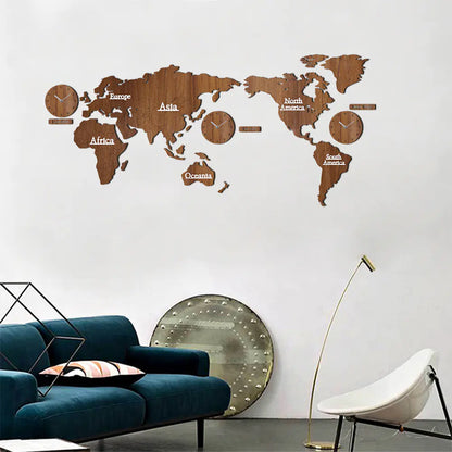 European Wooden Creative Wall Clock with 3D World Map