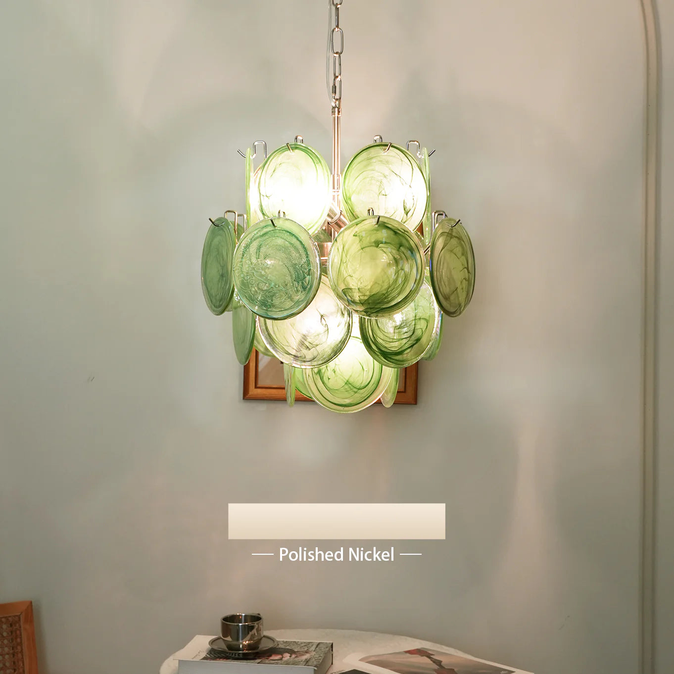 Vintage Green Glass Disks Chandelier