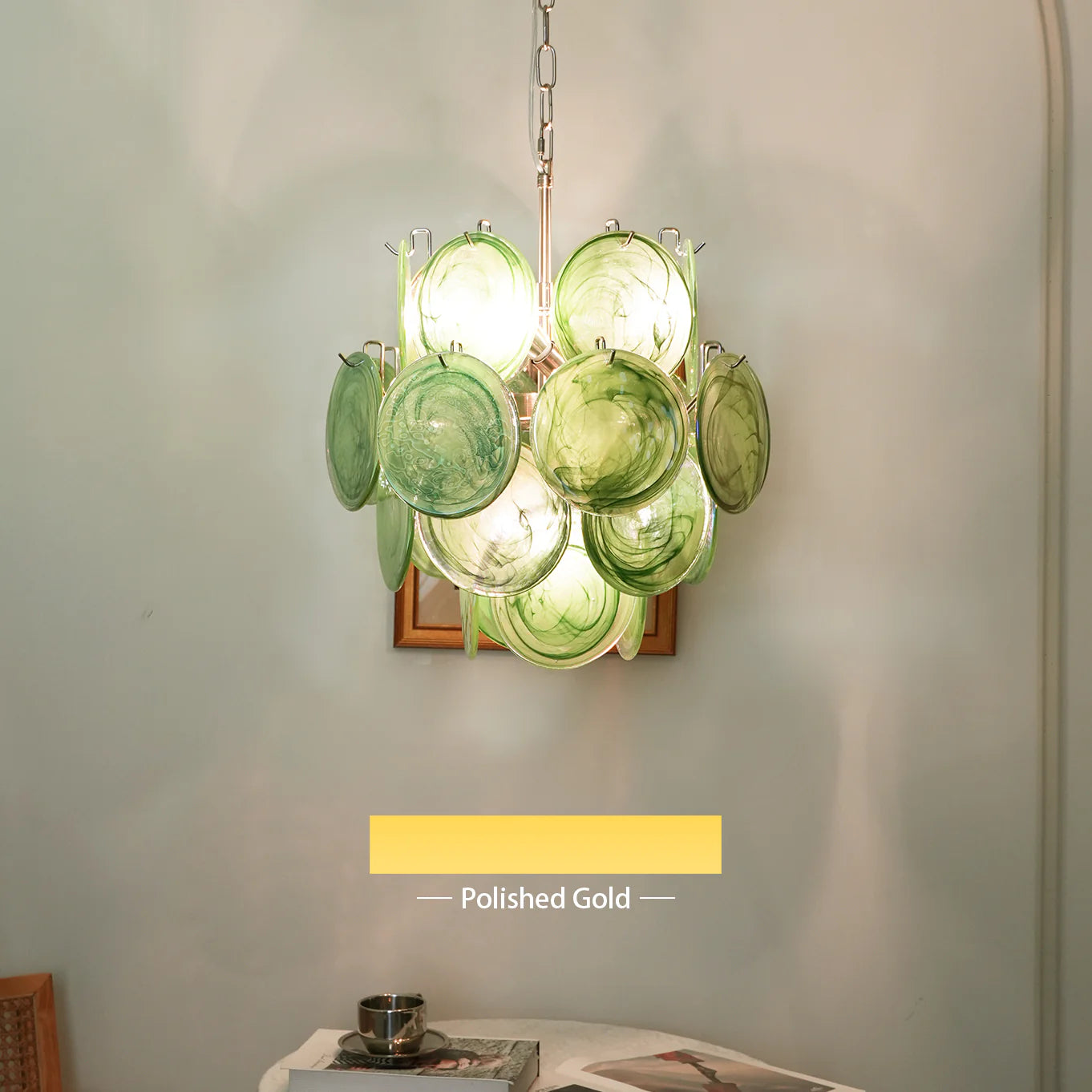 Vintage Green Glass Disks Chandelier