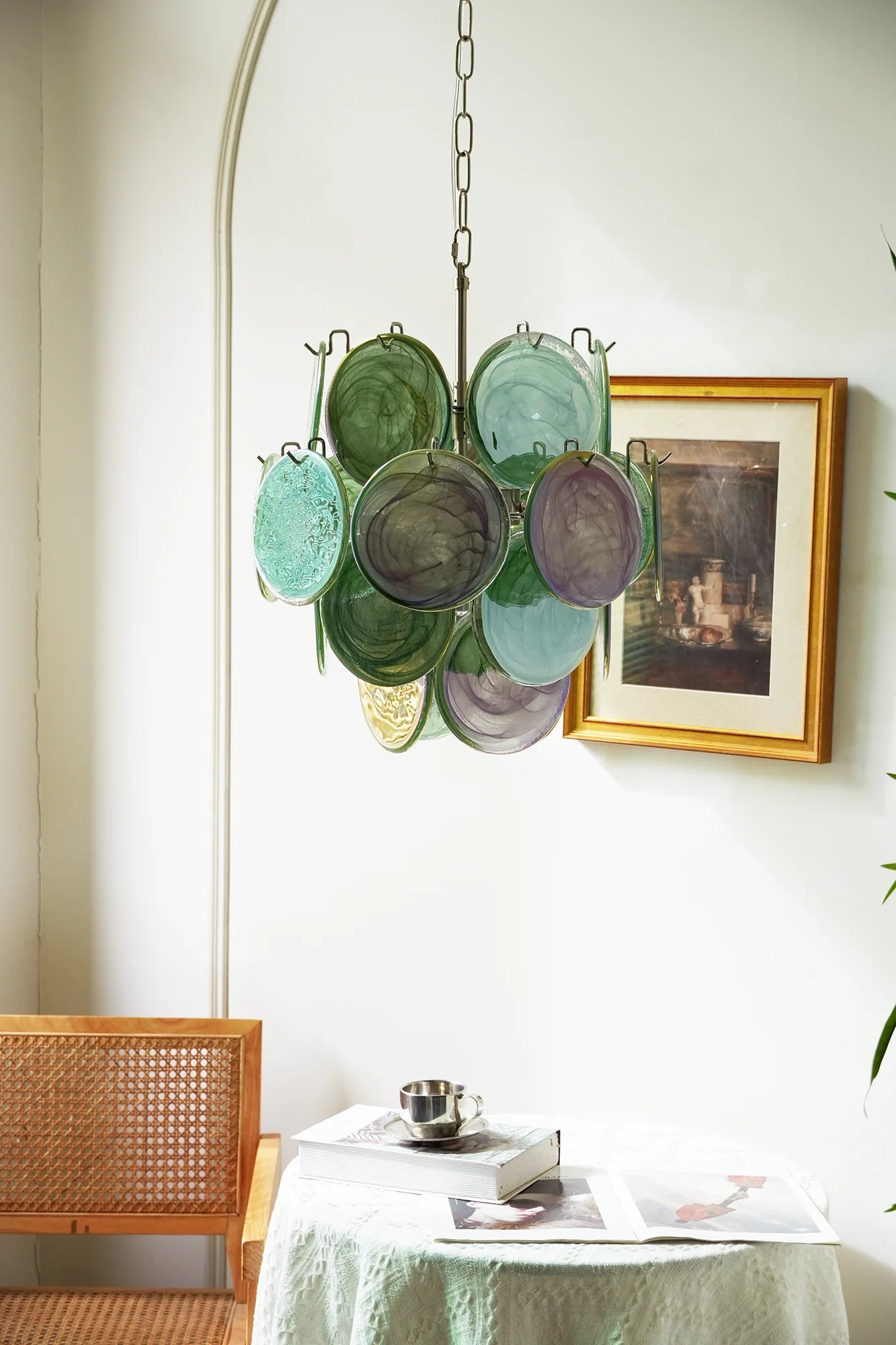 Vintage Green Glass Disks Chandelier