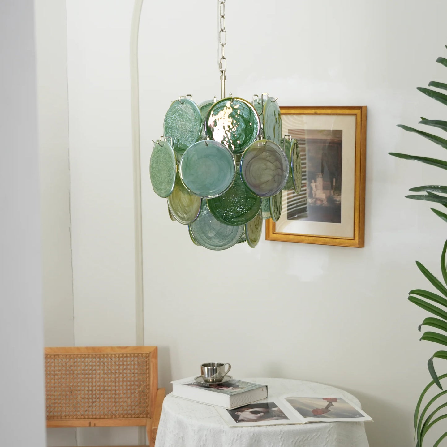 Vintage Green Glass Disks Chandelier