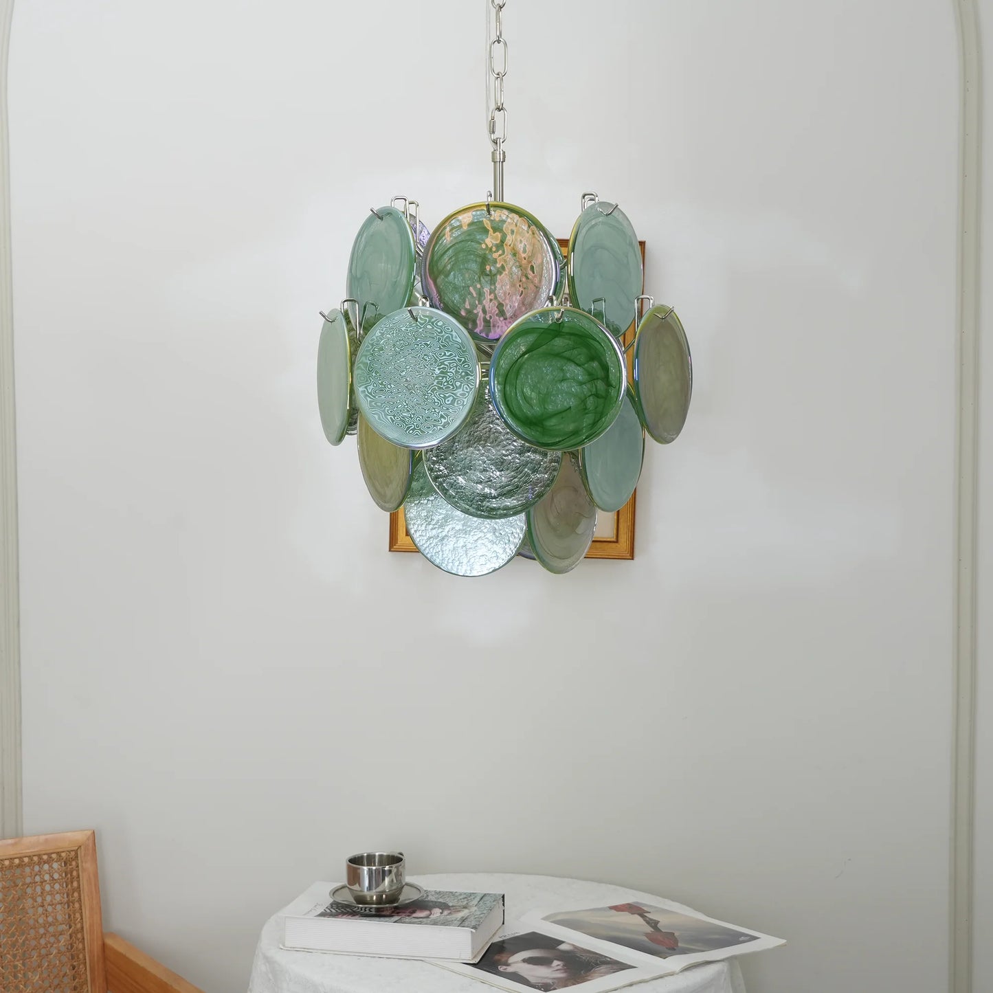 Vintage Green Glass Disks Chandelier