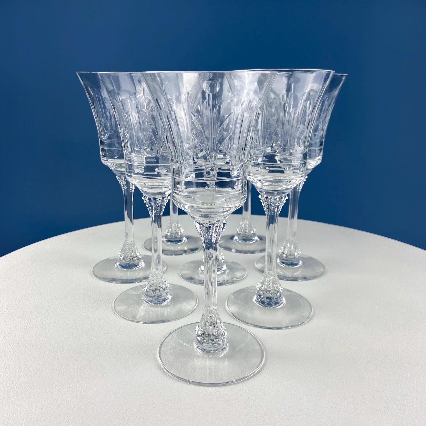Vintage Heisey Danish Princess Cut Crystal Wine or Water Goblets. Set of 8 Stemware. Beautiful Shimmer & Ping. Wedding Gift. Housewarming.