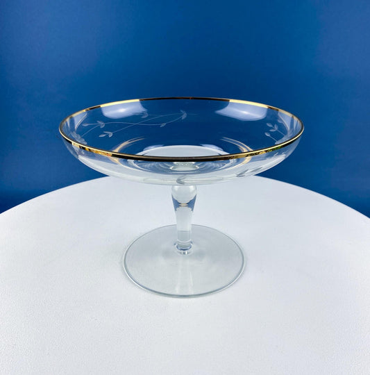Vintage Etched Glass Compote with Gold Rim. Delicate Leaf Design. Footed Serving Dish for Candy, Cupcakes, Nuts, or Fruit. Dining Room Decor