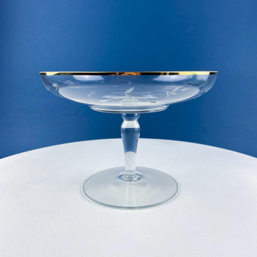 Vintage Etched Glass Compote with Gold Rim. Delicate Leaf Design. Footed Serving Dish for Candy, Cupcakes, Nuts, or Fruit. Dining Room Decor
