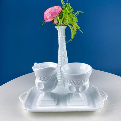 Vintage Fenton Milk Glass Sugar Bowl & Creamer on Matching Tray. White Thumb Print Serving Dishes. Collectible Glass. Dining Room Servware.