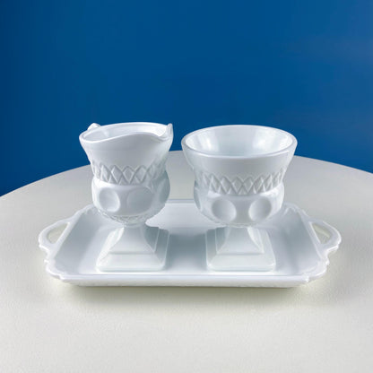 Vintage Fenton Milk Glass Sugar Bowl & Creamer on Matching Tray. White Thumb Print Serving Dishes. Collectible Glass. Dining Room Servware.
