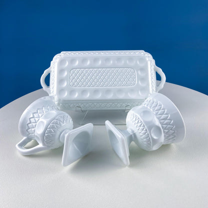 Vintage Fenton Milk Glass Sugar Bowl & Creamer on Matching Tray. White Thumb Print Serving Dishes. Collectible Glass. Dining Room Servware.