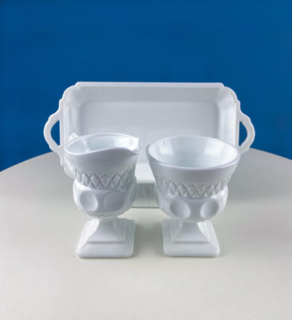 Vintage Fenton Milk Glass Sugar Bowl & Creamer on Matching Tray. White Thumb Print Serving Dishes. Collectible Glass. Dining Room Servware.