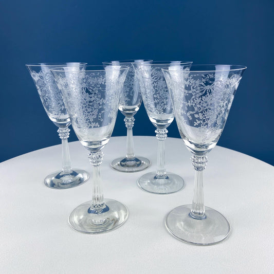 Vintage Fostoria Romance Crystal Wine Goblets. Set of 5 Etched Stemware. Tea Rose Garlands Motif. Dining Room Table Decor. Gift for Him Her.