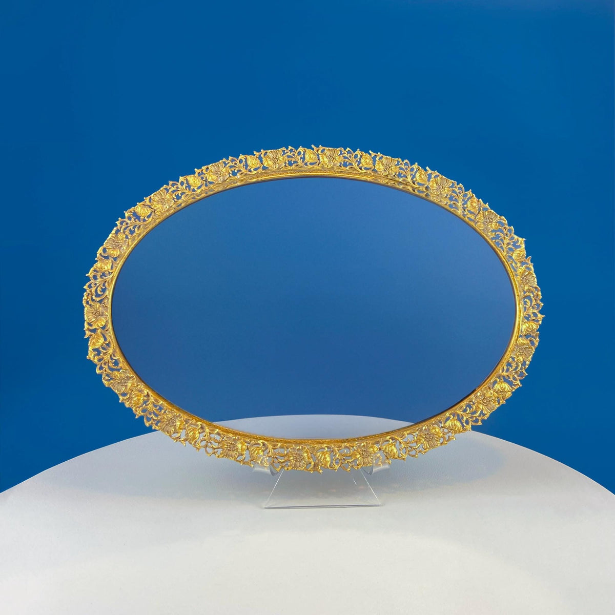 Vintage Large Gold Dresser Vanity Mirror Tray. Rich Gilded Metal Tea Rose Oval Frame. Chic Bedroom Bath Perfume Display. Wall Hanging.