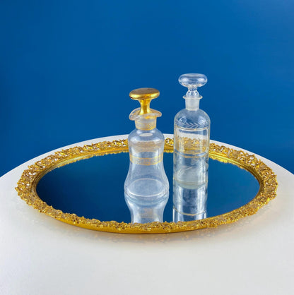 Vintage Large Gold Dresser Vanity Mirror Tray. Rich Gilded Metal Tea Rose Oval Frame. Chic Bedroom Bath Perfume Display. Wall Hanging.
