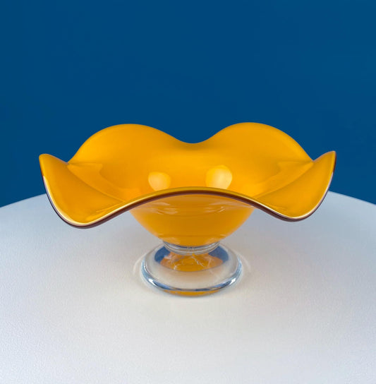 Vintage Orange Glass Footed Fruit Bowl. Unique Mid Century Modern Hand Blown Serving, Candy Dish. Modern Home Decor. Gift for Him Her.