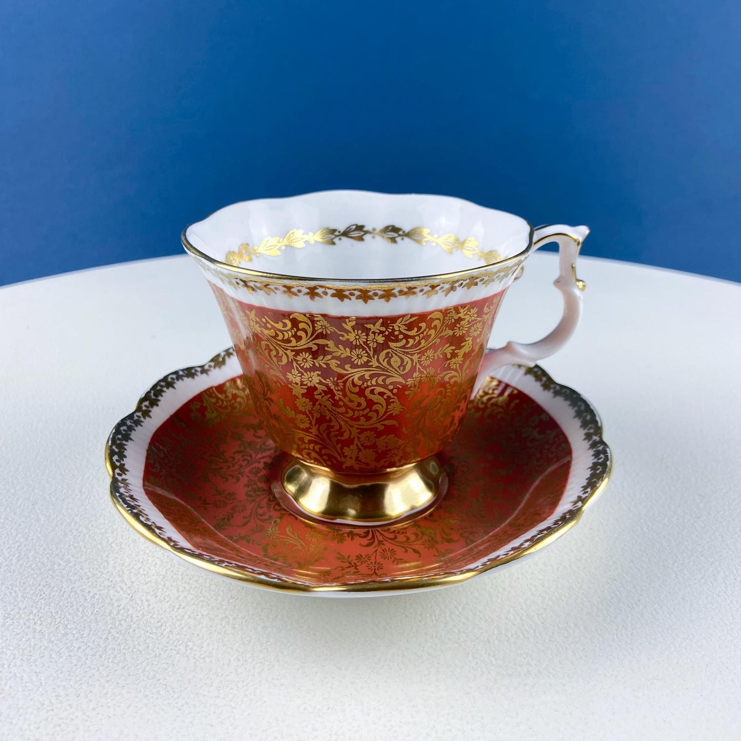 Vintage Royal Albert Brown & Gold Tea Coffee Cup and Saucer. All Over Flower Motif. Gold Leaf Border.  Buckingham Series. Hosting Essentials