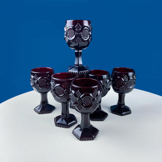 Vintage Ruby Red Avon Cape Cod Dessert Wine Goblets. Set of 7 Glasses. Pressed Glass Roman Rosette Pattern. Barware. Dining Room Table Decor