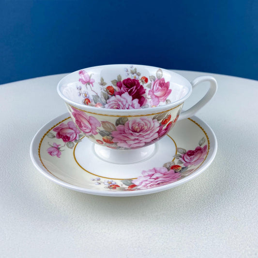 Vintage Stechcol Tea or Coffee Cup and Saucer with Roses and Strawberries Design. Dining Room Decor. Modern Farmhouse. Tea Garden Party.