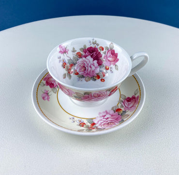 Vintage Stechcol Tea or Coffee Cup and Saucer with Roses and Strawberries Design. Dining Room Decor. Modern Farmhouse. Tea Garden Party.