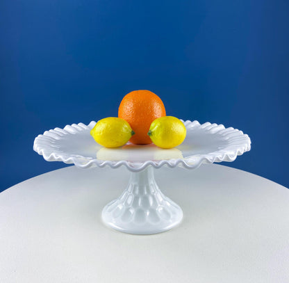 Vintage Thumb Print Milk Glass Cake Stand. White 12" Cake Serving Platter with Ruffled Edge. Wedding Birthday Holiday Celebration.