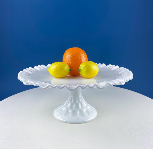 Vintage Thumb Print Milk Glass Cake Stand. White 12" Cake Serving Platter with Ruffled Edge. Wedding Birthday Holiday Celebration.