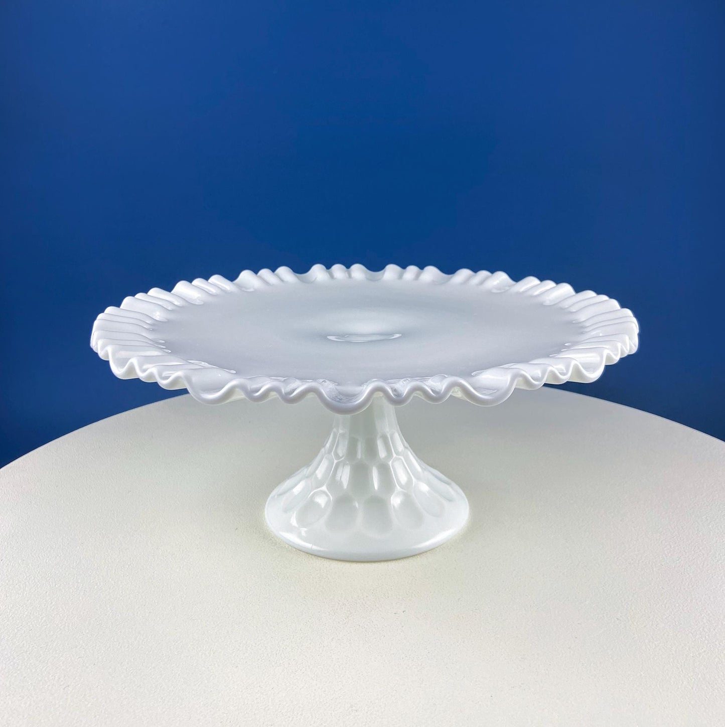 Vintage Thumb Print Milk Glass Cake Stand. White 12" Cake Serving Platter with Ruffled Edge. Wedding Birthday Holiday Celebration.