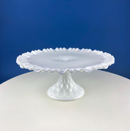 Vintage Thumb Print Milk Glass Cake Stand. White 12" Cake Serving Platter with Ruffled Edge. Wedding Birthday Holiday Celebration.