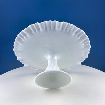 Vintage Thumb Print Milk Glass Cake Stand. White 12" Cake Serving Platter with Ruffled Edge. Wedding Birthday Holiday Celebration.