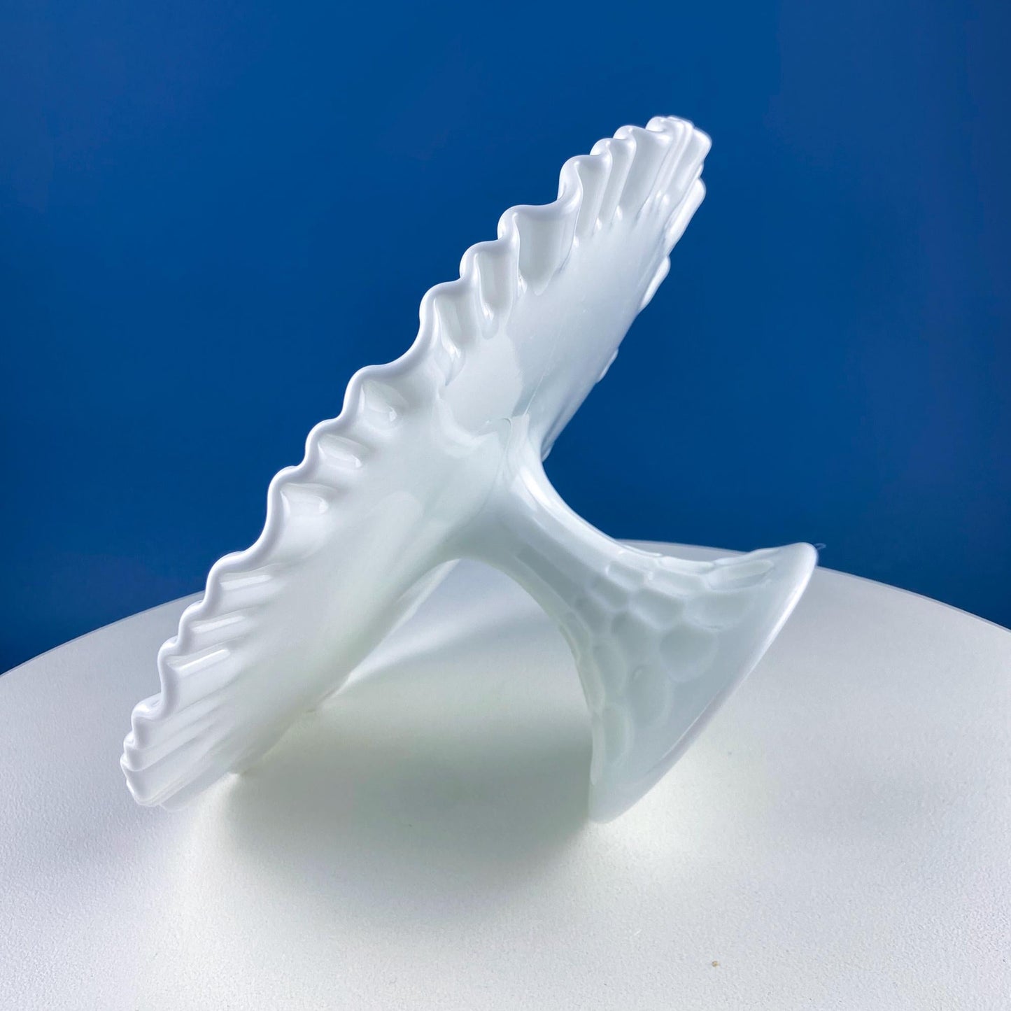 Vintage Thumb Print Milk Glass Cake Stand. White 12" Cake Serving Platter with Ruffled Edge. Wedding Birthday Holiday Celebration.