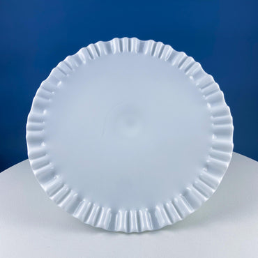 Vintage Thumb Print Milk Glass Cake Stand. White 12" Cake Serving Platter with Ruffled Edge. Wedding Birthday Holiday Celebration.