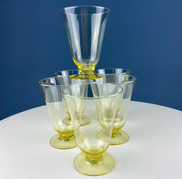 Vintage Topaz Fostoria Iced Tea Water Parfait Stemmed Glasses. Set of 6 Light Yellow Stemware. Dining Room Decor. Gold Table Decor.
