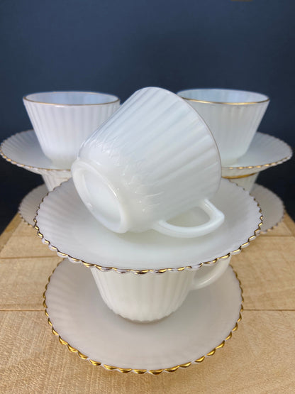 5 Opalescent Monax Petalware TeaCups. White and Gold Brim Depression Glass Coffee Cups. White Table Setting. Houseware. Dinning Room Decor.