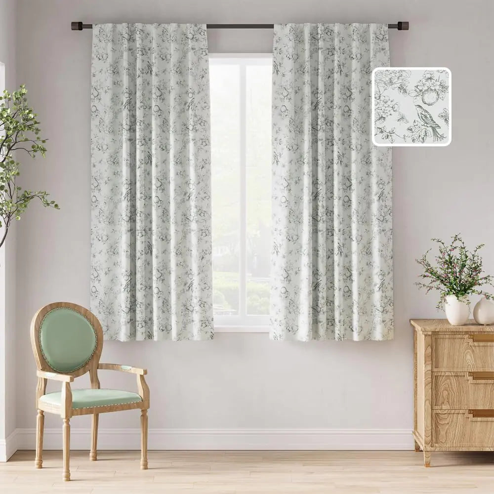 jinchan 100% Blackout Floral Curtains 63 Inch Length Printed Flower Sage Green Blackout Curtains for Bedroom Rod Pocket Back Tab Full Blackout Curtains Thermal Insulated Window Drapes 2 Panels