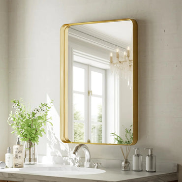 VooBang Bathroom Mirror 20x30 inch Gold Gorgeous Deep Frame Wall Mirror Modern Round Corner Bathroom Vanity Mirror for Bedroom Living Room Hanging or Leaning Horizontal or Vertical Gold